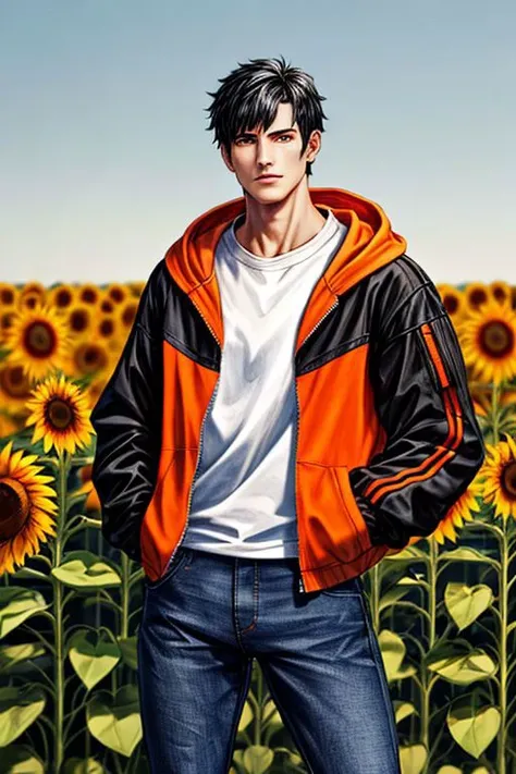 male, black hair, orange jacket over light pink hoodie, hands in pocket, looking at viewer, bust portrait, standing, sunflower field, detailed background, autumn colors, daylight, blue jeans, tight pants,