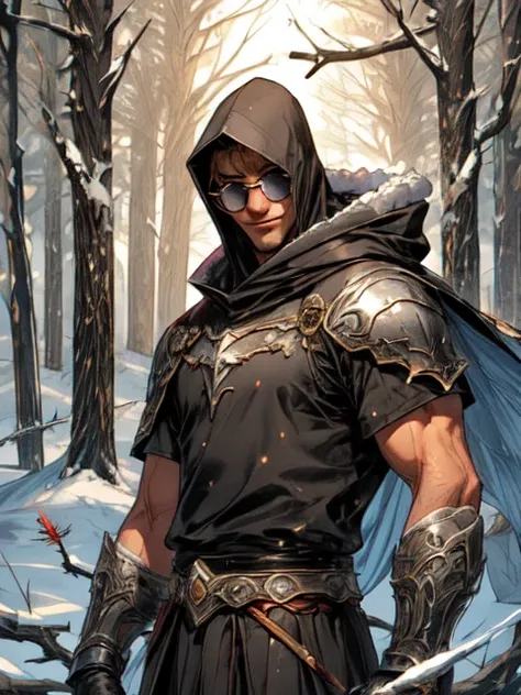 <lyco:GoodHands-beta2:0.51>, , l3wis_n0texist is a male with (black-framed-eyewear) and dark-hair, <lora:neg4all_bdsqlsz_V3.5:0.58> <lora:r1ge - AnimeRage:0.8> r1ge, <lora:TK_CCE_V1.00-SD15:0.7>, BREAK looking away, solo, half shot, detailed background, detailed face, (high fantasy medieval theme:1.1), hunter, light smile, beautiful landscape, medieval fantasy setting, high fantasy, gray tattered leather clothes, capelet, gloves, hood, dark forest, ferns, , feathers, wildlife, arrows in quiver, enchanted aura, snow, mist,