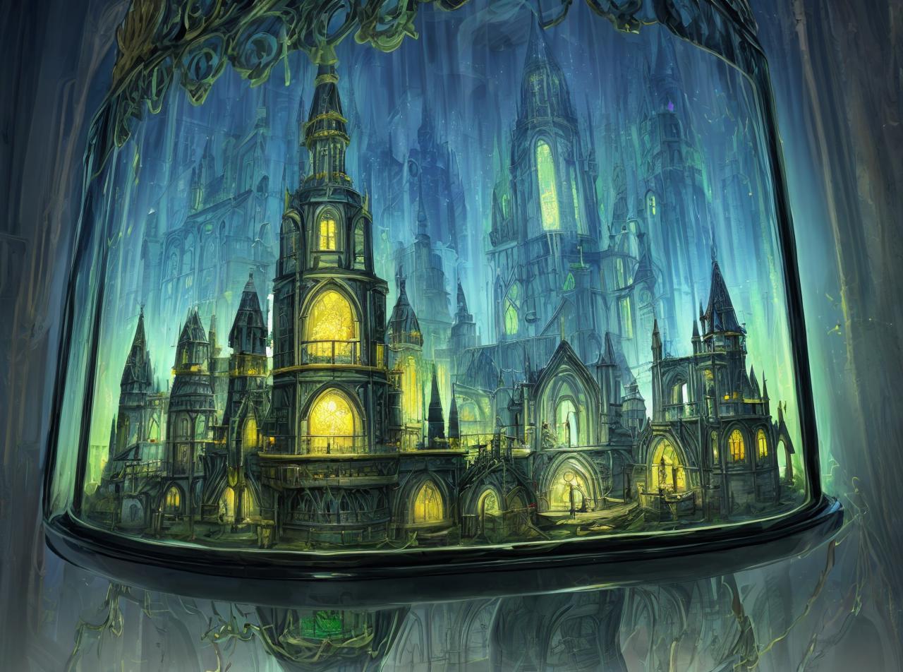 There is a painting of a castle in a glass dome - SeaArt AI