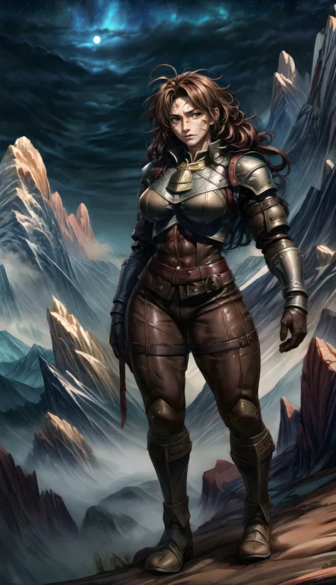 medieval, mountain terrain background, nightfall, medieval settlement in the background,
full body, female, adult, robust body, wide stature, strong, muscular, medium hair, messy hair, medieval leather armor, survival pose, (black eye color:0.6), brown eye color, wide jaw, wide face, scar on cheek,
<lora:more_details:1.0>, <lora:HXarmour_077:0.65>, HXARMOUR, <lora:FantasyLandscape:0.7> FanLan