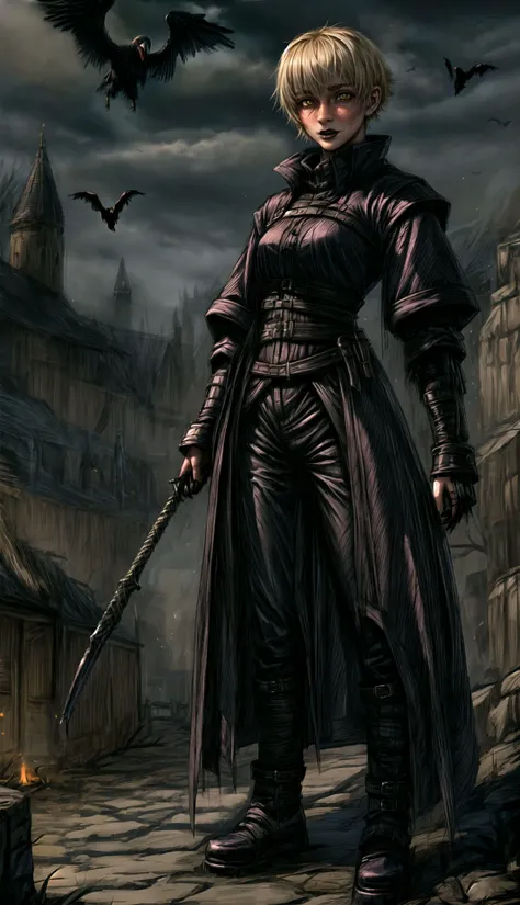 medieval, fantasy, spooky, crow, flying black raven,
straight-on,(female:1.2), adult, blonde hair, very short hair, trimmed hair, wide jaw, small nose, (black eye color:0.8), brown eye color, dominant,
HD, very detailed,
<lora:Evil:1.0>, evilrealm <lora:Bloodborne:0.4>, <lora:more_details:1.0> ,<lora:Gothic_Outfit:0.7> gothout, <lora:buzzcut_hairstyle:0.3> buzzcut_heairstyle
