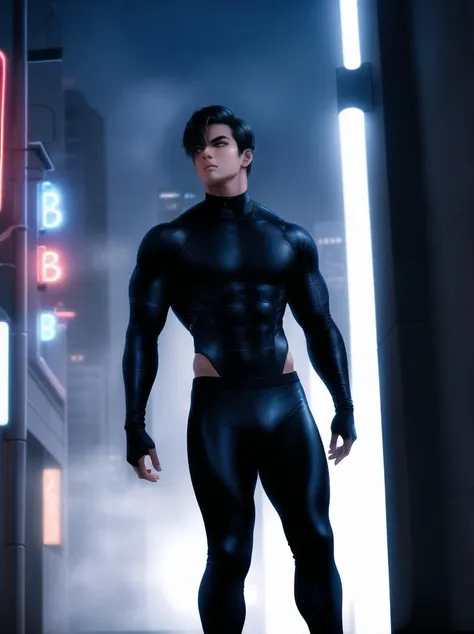 1boy, solo, bara, handsome ninja, tight clothing, leaning against wall, outdoors, nighttime, neon signs, fog, dramatic lighting,