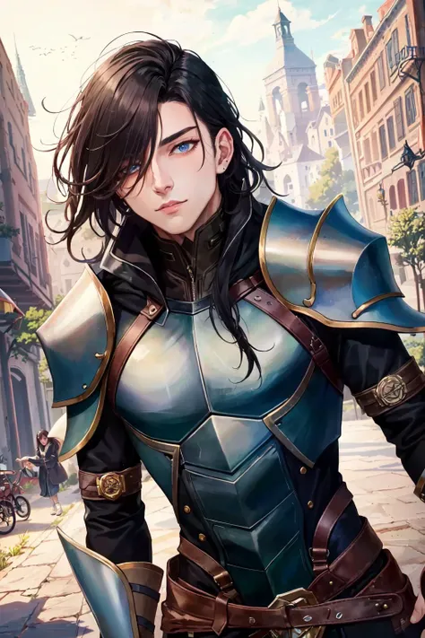 (masterpiece:1.2), (best quality:1.2), perfect eyes, perfect face, perfect lighting, (1boy:1.3), young rogue, androgynous, long hair, gorgeous, thick eyelashes, makeup, leather armor, colorful, fantasy, detailed outdoor city background