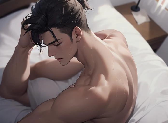 1boy,masterpiece best quality, (japanese male model), from above,wet skin, messy hair, laying down, ponytail,bedroom,bokeh, bed sheets,, homoerotic, hazy, summertime  