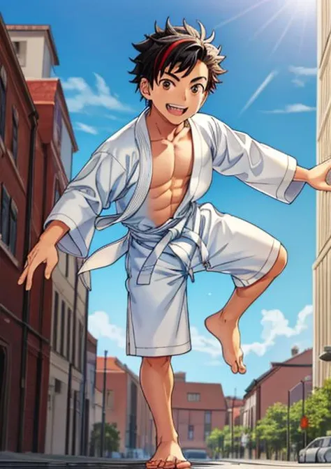 masterpiece, 1boy,young boy:1.2, boy:1.2,child:1.2,barefoot:1.2, 
male focus, <lora:add_detail:0.7>,(TIEHU, BLACK HAIR, BROWN EYES, STREAKED_HAIR,muscle, white judogi:1.2,bright eyes <lora:tiehu:0.5>) ,smile, teeth, looking_at_viewer, tiny buliding:1.5,tiny city:1.5,  GTSplanet:1.2,  Looming<lora:GTSv5:0.6>,standing, fighting pose,from top <lora:pvcGiantessLora_v1:0.2>