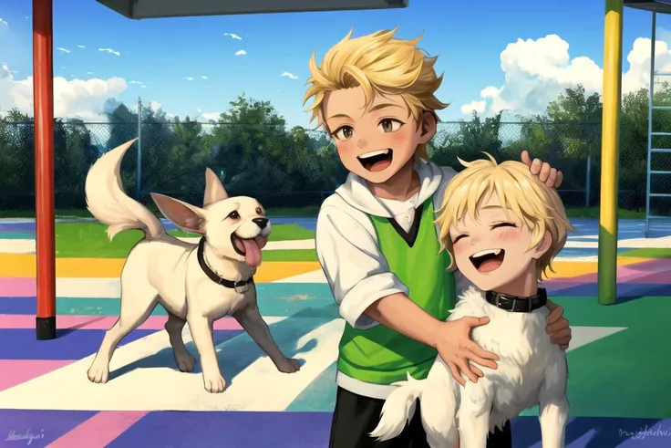 2 cute young boys, blonde hair, brothers, playing with their fluffy dog, on the playground, happy, smile, laughing, by noeyebrow \(mauve\) and CoCoLo and thebrushking and nemui \(nemuriyagi\), beautiful sky,
soft focus, masterpiece, best quality, award winning, trending on pixiv, perfect face, detailed face, natural lighting, intricate, incredible detail <lora:beautiful sky:0.7>