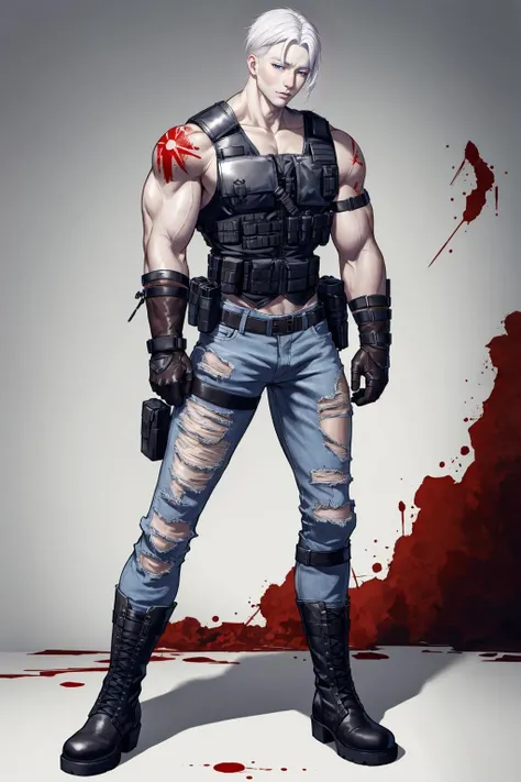 (8k, RAW photo), (best quality), (masterpiece), (realistic,) (photo-realistic), ultra-detailed, (realism:1.5), professional lighting, photon mapping, physically-based rendering, 1boy, male focus, <lora:128dimTurbomaleV7_128:0.7>, sleeveless jacket, suspenders, belt, baggy pants, gloves, bracer, boots, (blood on face:1.3), red liquid on face, injuries, (wounds:1.2), (open mouth:0.9), shocked, (factory:1.4), (explosion:1.2), metals