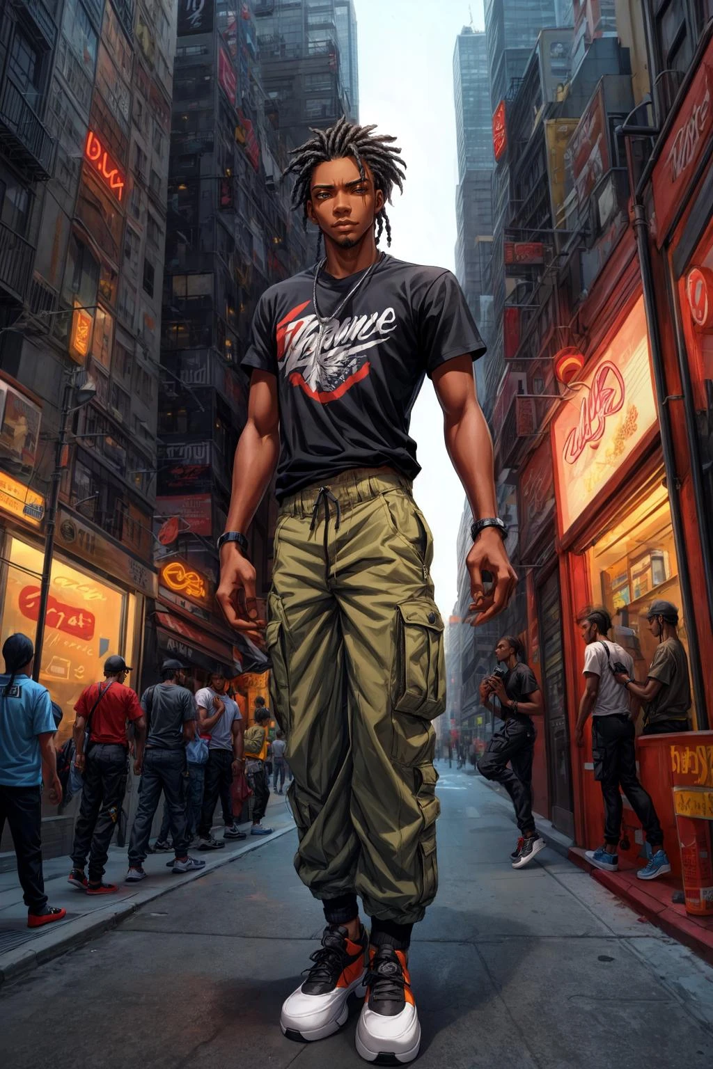 1boy, yaoi, photoshoot, a beautiful thin black man with extra long cornrows, vintage graphic tee, tan cargo pants, skater shoes, from below, looking down at viewer, new york city streets at night, dramatic lighting