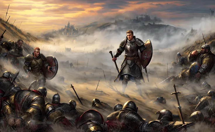 medieval, full body, male,
<lora:Battlefield:0.6> battlefield, ruined battlefield with crumbling walls and debris scattered everywhere, multiple medieval soldiers in battle, midnight, misty, hazy light, mercenary warrior with a scarred face, wielding a longsword and carrying a battered shield, disciplined and loyal, standing resolute with a commanding presence
HD, very detailed,
<lora:more_details:1> <lora:UnlimitedBladeWorks1.6:0.85>