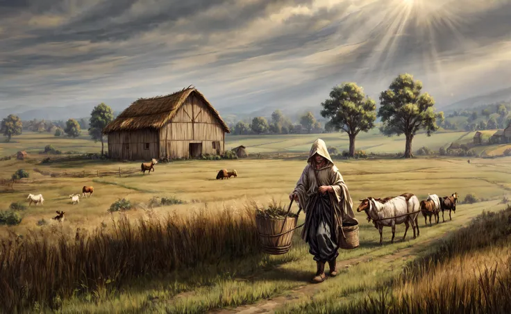 medieval, <lora:Medieval_Headwear:0.5> mehe, villager with a linen hood, wearing a linen shirt and trousers, carrying a bucket, weary and tired, showing signs of a long day's work and a weathered face,
<lora:FantasyFarm:0.6> fantfa, quiet medieval village outskirts with fields of crops and grazing animals,
morning, windy, dynamic light, HD, very detailed, <lora:more_details:1>