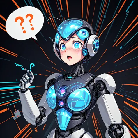 SFW, (robot:1.5), (spinning eyes:1.5), (@ @:1.5), (swirling eyes:1.5), confused, (dizzy:1.3), overwhelmed, (dizzy eyes:1.5), (wide eyes:1.2), (a cute flustered robot that looks like it's part of a maintenance team for a website:1.3), (speech bubble with question marks:1.2), (speech bubble with exclamation marks:1.2), maintenance mode, upper body,
fluffy cartoon-style clouds that give a whimsical lighthearted feel, patterns like polka dots in the background, error message, blue electrical sparks,
(Light semi-transparent overlays of circuitry or lines of code that subtly hint at the digital nature of the issue without overwhelming the design:1.3),
light mood,