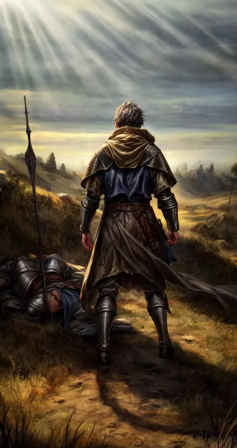 medieval, full body, male,
<lora:Battlefield:0.7> battlefield, ruined battlefield
HD, very detailed,
soft and warm light with long shadows ,
<lora:more_details:1>