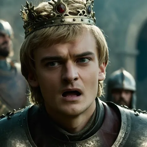 cinematic film still of <lora:Game of Thrones style:1>
In medieval times Jack Gleeson Joffrey Baratheon a man in a crown is holding his throat,solo,short hair,open mouth,blonde hair,1boy,green eyes,upper body,male focus,teeth,armor,blurry background,crown,portrait,chainmail , cinematic, film, movie still, movie style, film style, fantasy drama, epic drama, dramatic light, dramatic shadow, fictional, Age of Wonders, Age of Empires, warriors, Medieval style, middle ages, dungeons and dragons style, contrast, color, different people, different, unique, kingdoms and castles style, violent, aggressive, detailed, perfection, detailed face, detailed body, detailed hands, detailed eyes, sharp, Game of Thrones style, shallow depth of field, vignette, highly detailed, high budget, bokeh, cinemascope, moody, epic, gorgeous, film grain, grainy