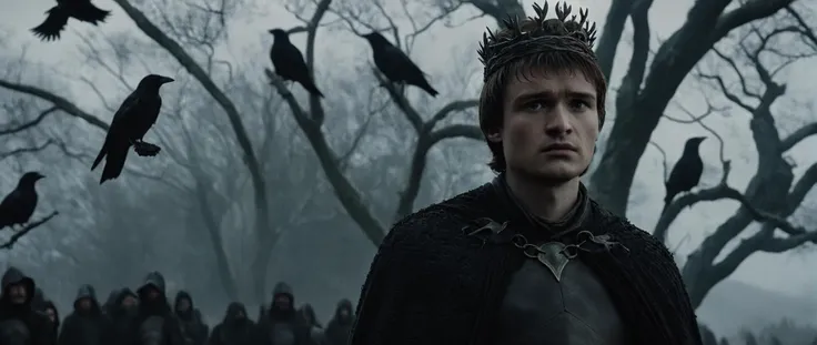 cinematic film still of  <lora:Game of Thrones style:1>
 <lora:Film Grain style:0.5> Film Grain style
 <lora:Chiaroscuro Lighting Style:0.6> Chiaroscuro Lighting style
In medieval times Isaac Hempstead Wright Bran Stark a man in a crown of thorns surrounded by crows,solo,1boy,male focus,outdoors,tree,bird,animal,nature,forest,robe,white eyes,bare tree,crow , cinematic, film, movie still, movie style, film style, fantasy drama, epic drama, dramatic light, dramatic shadow, fictional, Age of Wonders, Age of Empires, warriors,  Medieval style, middle ages, dungeons and dragons style, contrast, color, different people, different, unique, kingdoms and castles style, violent, aggressive, detailed, perfection, detailed face, detailed body, detailed hands, detailed eyes, sharp, Game of Thrones style, shallow depth of field, vignette, highly detailed, high budget, bokeh, cinemascope, moody, epic, gorgeous, film grain, grainy