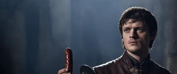 cinematic film still of  <lora:Game of Thrones style:1>
 <lora:Film Grain style:0.5> Film Grain style
 <lora:Chiaroscuro Lighting Style:0.6> Chiaroscuro Lighting style
In medieval times Iwan Rheon Ramsay Bolton a man holding peace of meat sausage,solo,short hair,blue eyes,black hair,1boy,holding,male focus,hood,knife,realistic,holding knife,dark , cinematic, film, movie still, movie style, film style, fantasy drama, epic drama, dramatic light, dramatic shadow, fictional, Age of Wonders, Age of Empires, warriors,  Medieval style, middle ages, dungeons and dragons style, contrast, color, different people, different, unique, kingdoms and castles style, violent, aggressive, detailed, perfection, detailed face, detailed body, detailed hands, detailed eyes, sharp, Game of Thrones style, shallow depth of field, vignette, highly detailed, high budget, bokeh, cinemascope, moody, epic, gorgeous, film grain, grainy