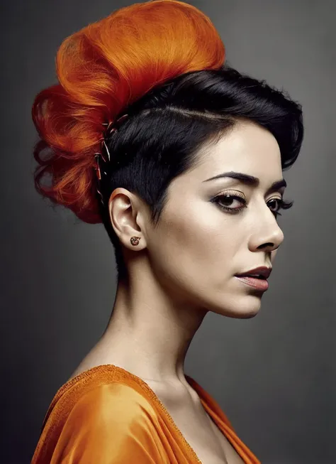 portrait of sks woman by Flora Borsi, style by Flora Borsi, bold, bright colours, orange Mohawk haircut, ((Flora Borsi)), <lora:locon_aimeegarcia_v1_from_v1_64_32:1.25>
