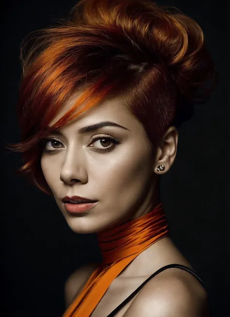 portrait of sks woman by Flora Borsi, style by Flora Borsi, bold, bright colours, orange Mohawk haircut, ((Flora Borsi)), <lora:locon_bogini_v1_from_v1_64_32:1>