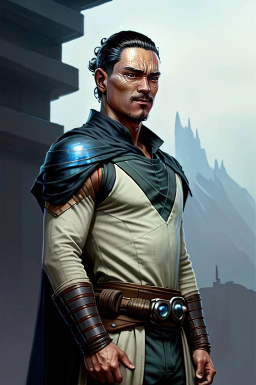 darwinn man as a star wars jedi knight, cinematic lighting, highly detailed, concept art, art by wlop and artgerm and greg rutkowski, masterpiece, trending on artstation, 8 k <lora:darwinn:1>