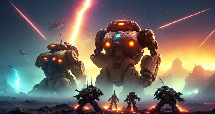 masterpiece, best quality, 8k, sharp focus, ultrarealistic raw fantasy photo of sci-fi battleship, mecha, (medium robots:1.2) attacking futuristic city ruins of mars, (surrounded by small troops:1.5), (epic battlefield:1.2), (shattered ground:1.3), (dark blue skies, big earth, glowing stars:1), space effect, (atmospheric fog), (big explosion:1.2), plasma, light particle, colorful scheme, ambient light, backlight, volumetric lighting, realistic lighting, cinematic lighting, depth of field, sharp focus, (high contrast:1.3), (film grain)