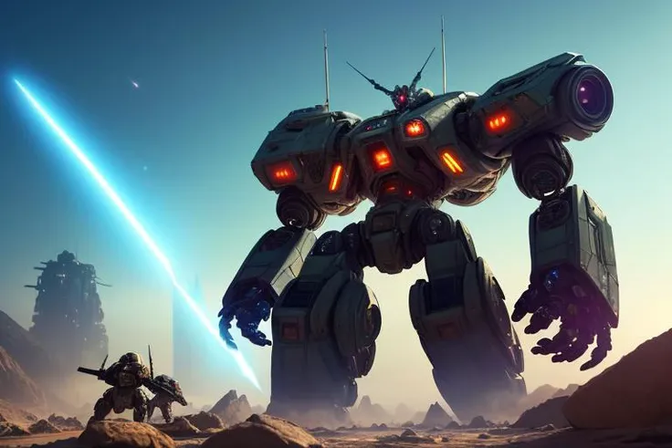 masterpiece, best quality, 8k, sharp focus, ultrarealistic raw fantasy photo of sci-fi battleship, mecha, (medium robots:1.2) attacking futuristic city ruins of mars, (surrounded by small troops:1.5), (epic battlefield:1.2), (shattered ground:1.3), (dark blue skies, big earth, glowing stars:1), space effect, (atmospheric fog), (big explosion:1.2), plasma, light particle, colorful scheme, ambient light, backlight, volumetric lighting, realistic lighting, cinematic lighting, depth of field, sharp focus, (high contrast:1.3), (film grain)