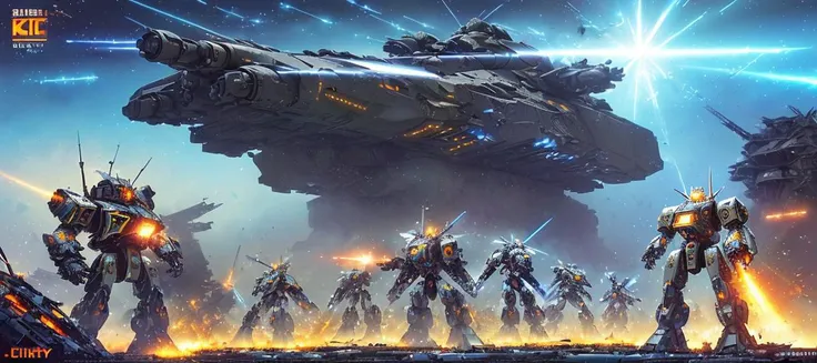 masterpiece hyperrealistic, best quality, 8k, pixiv, cgsociety, 2d, ultrarealistic full color illustration, realistic digital art, (battleship attacking small troops:1.4), different type of mechas, (fighting stance:1.3), (1female mecha:1.4), space war, battle of galaxy, (mecha fighting mecha:1.5), (in ruin city of mars:1.5), (dark blue skies:1.5), (epic battlefield:1.5), (turrets attacking robots:1.2), (shattered ground:1.5), ground explosion, ground particles, dirt particle, shooting, flying, attacking, destroying, (shattered iron pieces floating:1.2), metal pieces particles, (light particles:1.3), (plasma, lasers:1), (big explosions:1.5), (small troops:1.2) attacking robots, (medium robots:1.5) and (lot of small human troops:1.5), (small humanoid troops:1.3), dynamic pose, on ground, rock mountain, robotic building, (epic ruins city environment:1.2), (bright glowing stars:1.4), (big earth on blue skies:1.5), meteor, machine, futuristic, hard surface modeling, space thematic, (blue, orange, red, purple:1.4), (colorful scheme:1.5), ambient light, realistic lighting, backlight, volumetric lighting, (atmospheric fog:1.3), cinematic lighting, dramatic scene, (depth of field, lens-flare, bloom, glare:1.3), sharp focus, (high contrast:1.2), (film grain), (CineColor:1.5), perspective, manga effect by best mecha artist, (by John Berkey:1.5)