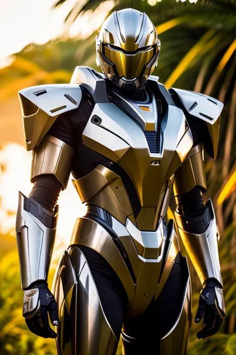 style, sleek body armor, mecha soldier, portrait, 85mm, f1.8, close up, photo realistic, jungle background, dramatic sunset lighting, shadows, subtle details, diffusion, highlight blooming, low contrast, desaturated