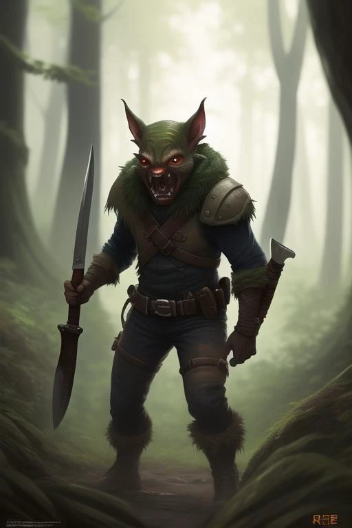 a goblin in the forest, enraged, skinny, (melee weapons:1.3), glowing red eyes, (long nose), nightmare style, highly detailed, trending on artstation, 8k, digital painting,artgerm , greg rutkowski , alphonse mucha
