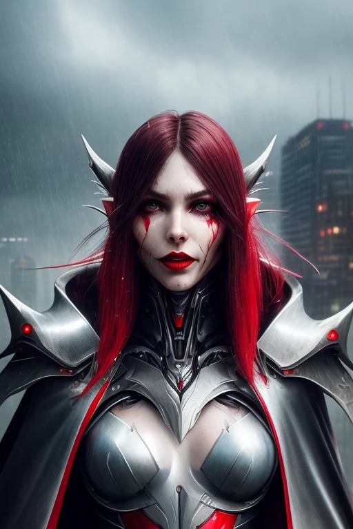 masterpiece, best quality, cgsociety, artstation, 8k, raw photo, ((an extremely beautiful)), ultra detailed, high resolution illustration, 1girl, solo focus, warframe style, ((cyborg girl)), (slender), medium breasts, (((red skin))), lustrous skin, translucent skin, an extremely delicate and beautiful face, ((evil grin)), sticking out big canine tooths, silver pupils, (thick red lips), sharp cyborg elf ears, (silver long hair), (ombre), parted bangs, wet, steam, (cowboy shot), dynamic pose, ((scar)), ((two tone cape)), torn cloth, (beautiful detailed sci-fi background), [city ruins:rainy:6], ((gloomy rainy sky)), dark sky, ((cyborg bats)), skyscrapers in the distance