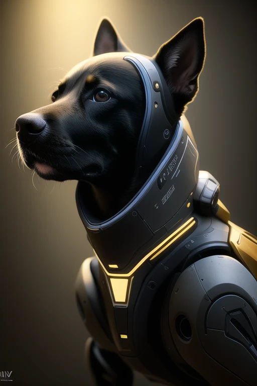 nousr robot best quality, cgunity, 8k, raw photo of (beautiful:1.2) cyborg dog, warframe style, black gold, ultra detailed, ambient light, volumetric lighting, realistic, realistic lighting, cinematic lighting, depth of field, sharp focus, dynamic pose, face focus, looking at viewer, (high contrast:1.2), (film grain)