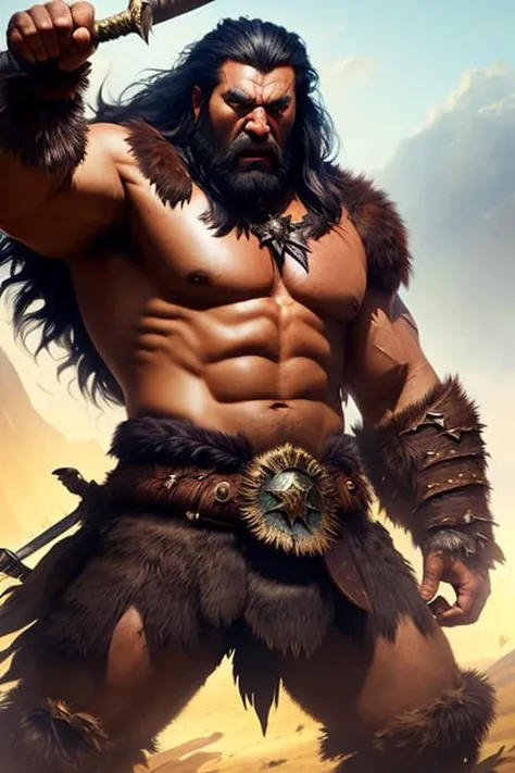 masterpiece, best quality, artstation, 8k, fantasy painting of (dark barbarian man:1.2), angry, long hair, (scars), sharp eyes, dirty, bear armor, wind blow, highly detailed texture, sharp focus, (battle pose:1.4), cowboy shot