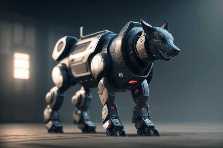 nousr robot best quality, cgunity, 8k, raw photo of (beautiful:1.2) cyborg dog, warframe style, black gold, full body shot, ultra detailed, ambient light, volumetric lighting, realistic, realistic lighting, cinematic lighting, depth of field, sharp focus, dynamic pose, face focus, looking at viewer, (high contrast:1.2), (film grain)