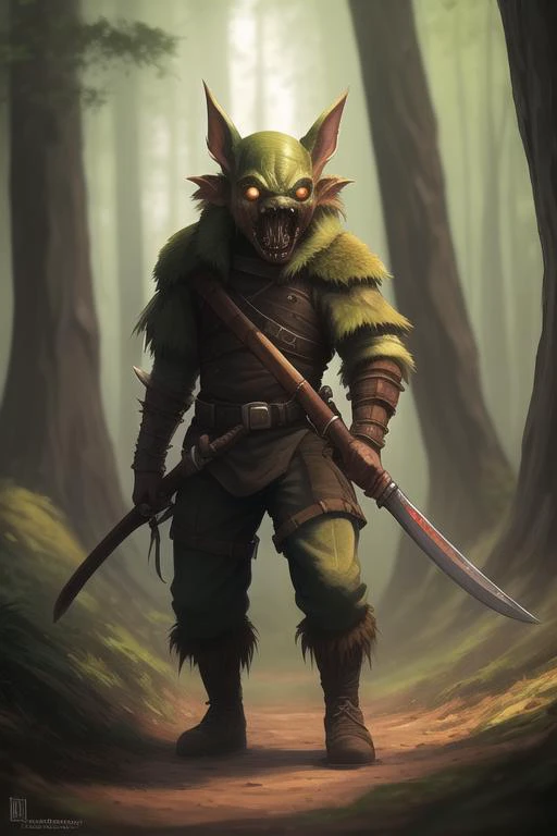a goblin in the forest, enraged, skinny, (melee weapons:1.3), glowing red eyes, (long nose), nightmare style, highly detailed, trending on artstation, 8k, digital painting,artgerm , greg rutkowski , alphonse mucha