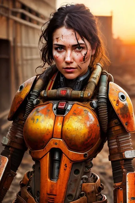 realistic photo modelshoot style, (detailed face), (woman waifu in a cramped rusty hydraulic mech exoskeleton), sunset, oily, sweaty, dirty, ripped, post-apocalyptic