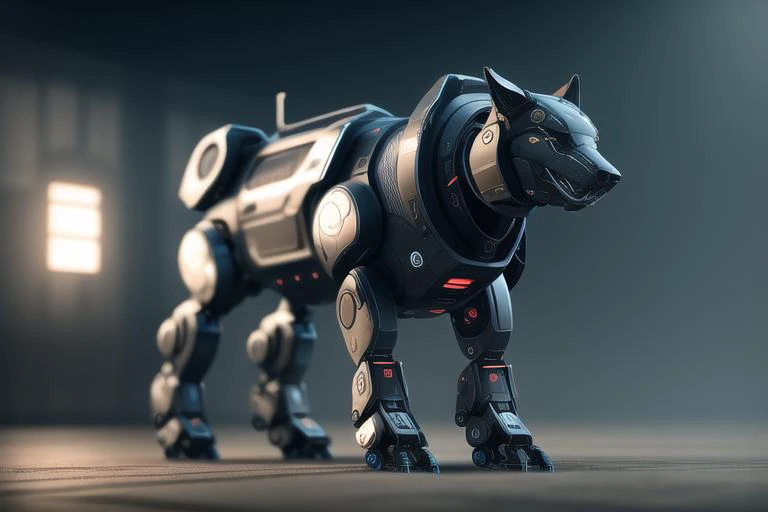 nousr robot best quality, cgunity, 8k, raw photo of (beautiful:1.2) cyborg dog, warframe style, black gold, full  body shot,  ultra detailed, ambient light, volumetric lighting, realistic, realistic lighting, cinematic lighting, depth of field, sharp focus, dynamic pose, face focus, looking at viewer, (high contrast:1.2), (film grain)