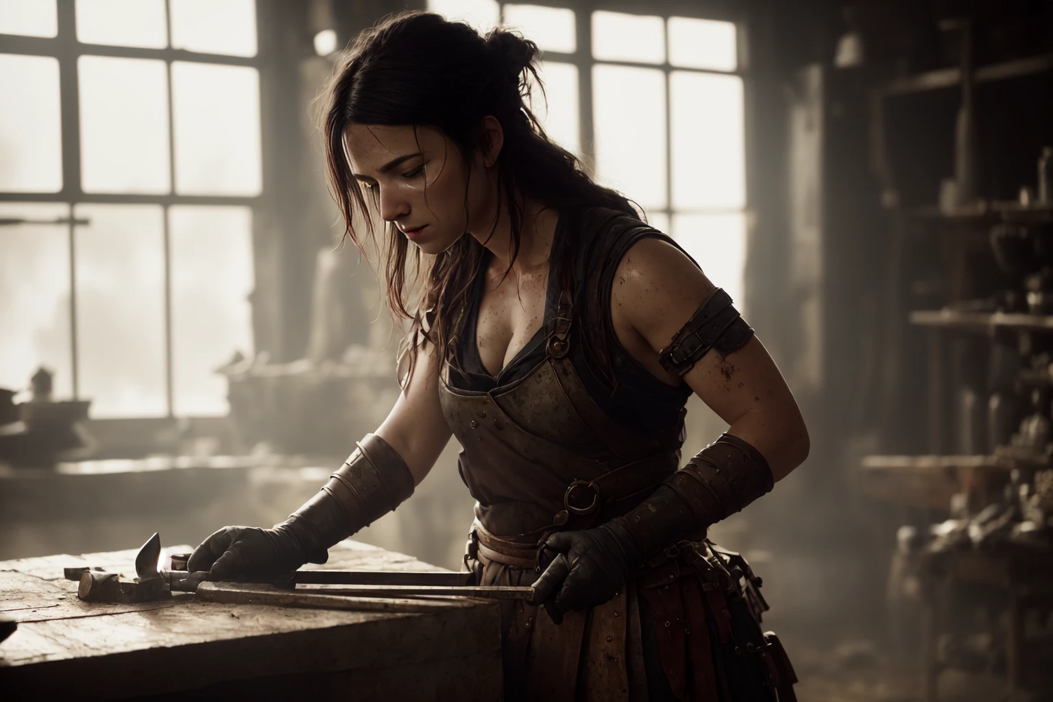 best quality, 500px, cgsociety, 8k, raw fantasy photo of (beautiful:1.2) of a female blacksmith, anvil, forge, grunge, sweat, tired, exhausted, medieval, ambient light, backlight, volumetric lighting, realistic, realistic lighting, cinematic lighting, depth of field, sharp focus, dynamic pose, (face focus), (high contrast:1.2), (film grain)