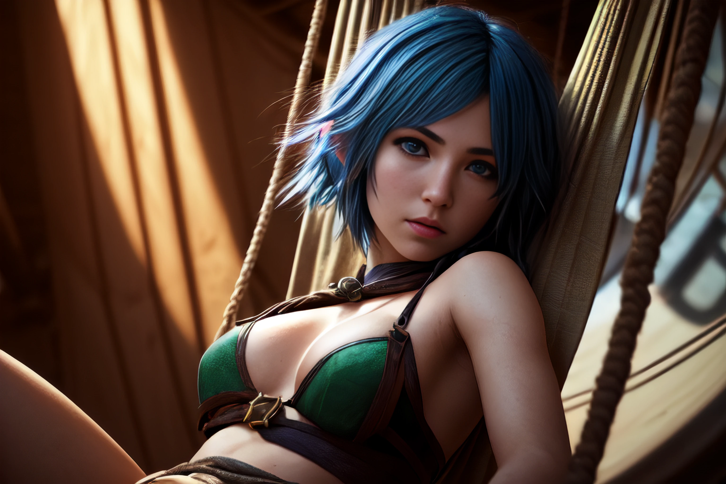best quality, 500px, cgsociety, 8k, raw fantasy photo of (beautiful:1.2) of a beautiful young elf maiden relaxing in a hammock, in the cargo hold of a ship, dusty, dirty, blue_hair, short_hair, green_eyes, wooden barrels, stacks of rope, sacks, ambient light, backlight, volumetric lighting, realistic, realistic lighting, cinematic lighting, depth of field, sharp focus, dynamic pose, (face focus), (high contrast:1.2), (film grain)
