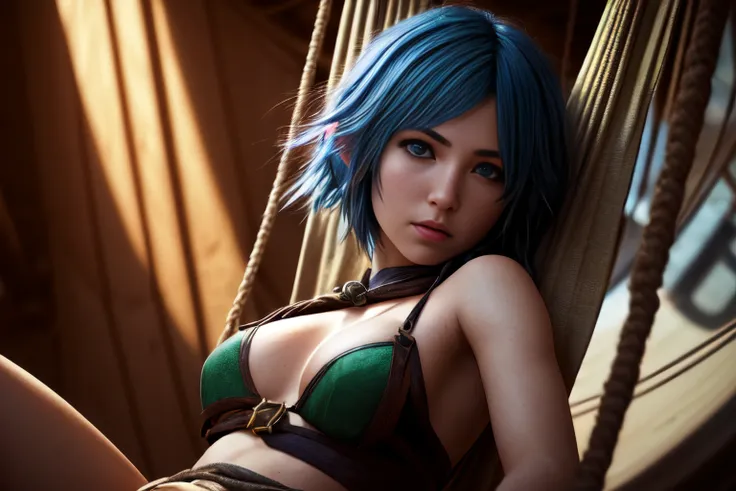 best quality, 500px, cgsociety, 8k, raw fantasy photo of (beautiful:1.2) of a beautiful young elf maiden relaxing in a hammock, in the cargo hold of a ship, dusty, dirty, blue_hair, short_hair, green_eyes, wooden barrels, stacks of rope, sacks, ambient light, backlight, volumetric lighting, realistic, realistic lighting, cinematic lighting, depth of field, sharp focus, dynamic pose, (face focus), (high contrast:1.2), (film grain)