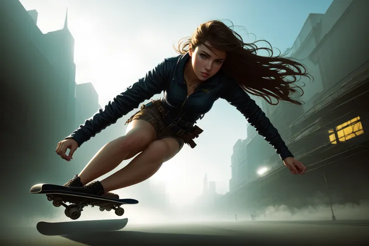 best quality, 8k, ultrarealistic, raw fantasy painting of (beautiful:1.2) girl performing tricks on a skateboard, half pipe, punk, adventurecore, cybergrunge, impressionism, ambient light, backlight, volumetric lighting, realistic lighting, cinematic lighting, depth of field, (atmospheric fog), sharp focus, (high contrast), (by greg rutkowski:1), (by luis royo:1), by artgerm, Stephen Kasner, John Picacio