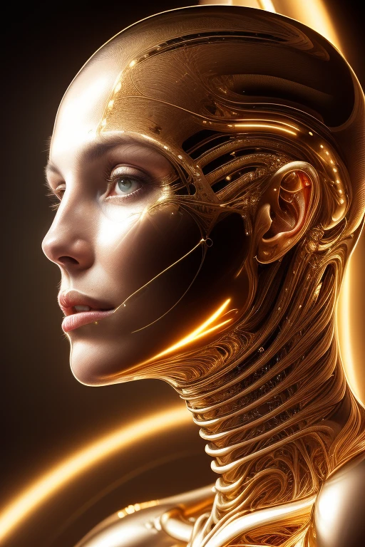 masterpiece, best quality, 8k, ultrarealistic aesthetic artistic photo of beautiful nude woman, (woman head, normal woman face:1.5), biomechanic body ultrarealistic gold chrome, (half body:1.2), reflection of light, reflective lighting, sharp focus (by h.r. giger:1.3)