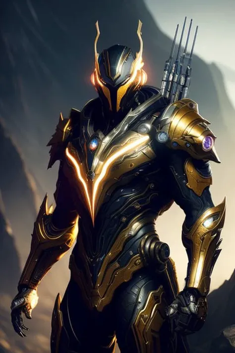 masterpiece, best quality, 8k, fantasy painting of beautifulcyborg man, warframe style, black gold, ultra detailed, ambient light, volumetric lighting, (dark night:1.4) rock mountain, reflection of light, reflective lighting, sharp focus, battle pose, face focus