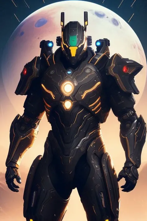 nousr robot masterpiece, best quality, 8k, fantasy painting of beautiful cyborg man, warframe style, black gold, ultra detailed, ambient light, volumetric lighting, (dark night:1.4) mars mountain, reflection of light, reflective lighting, sharp focus, battle pose, face focus