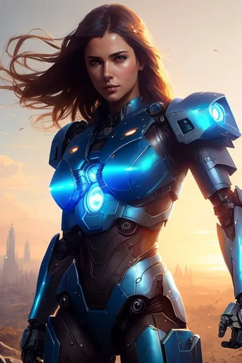 nousr robot, masterpiece, best quality, 8k, fantasy photo of beautiful (nude female wear very skimpy blue chrome mecha armor:1.2), (perfect face:1.2), (long hair:1), photorealistic highly detailed hard surface modeling texture, wind blow, dark blue skies, sci-fi city, reflection of light, reflective lighting, sharp focus, dynamic battle pose, face focus, manga effect, by greg rutkowski and viktoria gavrilenko