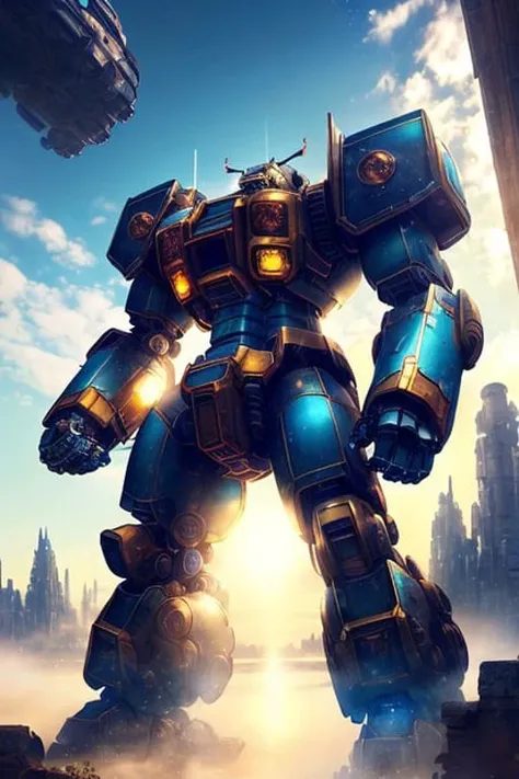 masterpiece, best quality, 8k, ultrarealistic fantasy digital art photo of (big bear muscle mecha:1.2), (epic ruins city environment:1.2), (stars), (big earth on blue skies), meteor, machine, futuristic, highly detailed hard surface modeling metallic texture, dark blue skies, (dark sci-fi mecha city:1.4), reflection of light, reflective lighting, perspective, sharp focus, manga effect