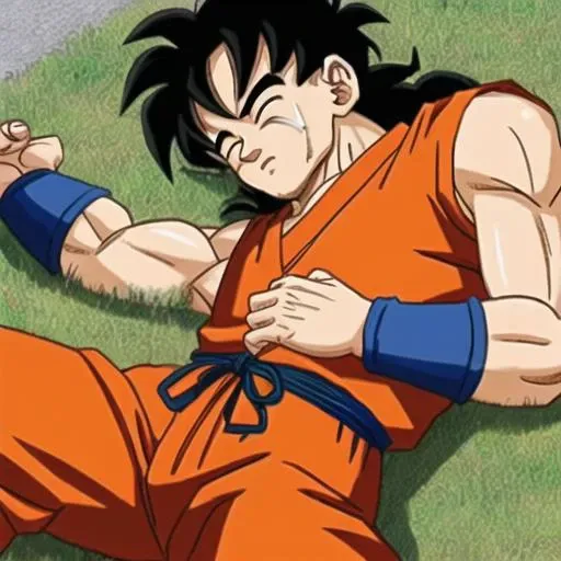 yamcha, long black hair, orange dougi, orange pants, insignia, laying (face down:1.2), outside, dazed, (knocked out:1.2), (unconscious:1.2), injured, defeated, 1boy, solo, highly detailed drawing by akira Toriyama <lora:yamcha_v1_1:0.6>