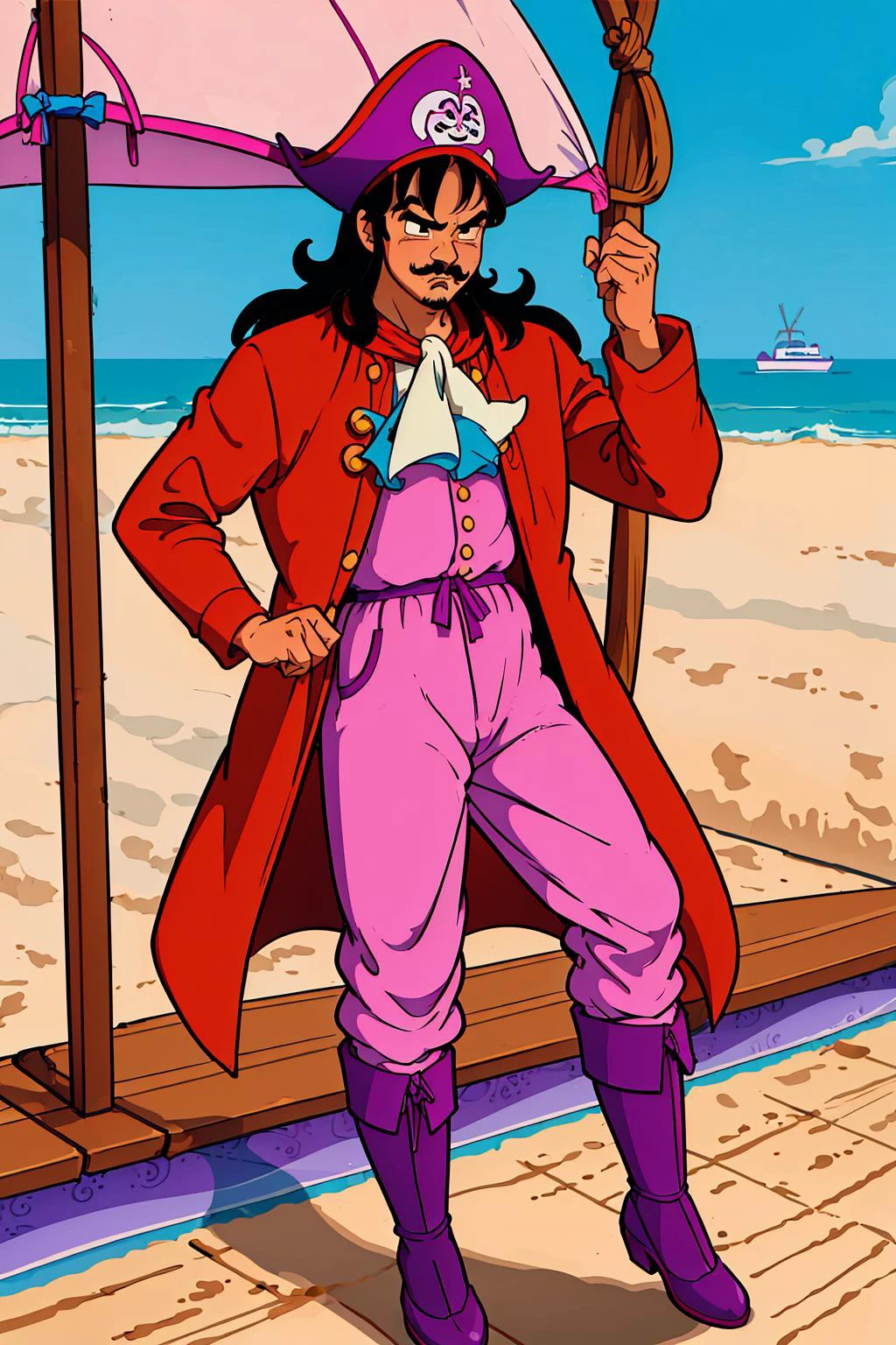 (8k, best quality, masterpiece:1.2),yamcha,1boy, black hair, solo, spiked hair, black eyes,long hair, closed red long coat,((white ascot:1.2)),, (purple pirate hat), (thin handlebar mustache,) pink shirt, purple pants,( on a pirate ship, on a wooden boat),at sea,sailing ship, blue sky, full body, black shoes, black boots, on board