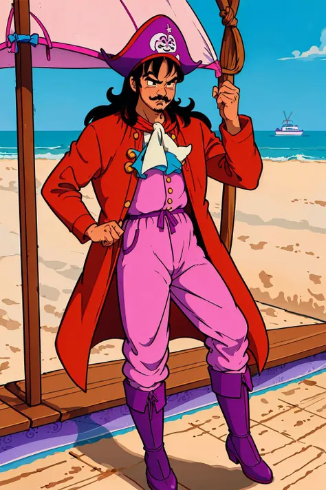 (8k, best quality, masterpiece:1.2),yamcha,1boy, black hair, solo, spiked hair, black eyes,long hair, closed red long coat,((white ascot:1.2)),,  (purple pirate hat), (thin handlebar mustache,) pink shirt, purple pants,( on a pirate ship, on a wooden boat),at sea,sailing ship, blue sky, full body, black shoes, black boots, on board