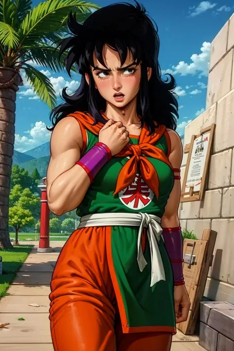 (8k, best quality, masterpiece:1.2),realistic,yamcha,1girl black hair, solo, spiked hair, black eyes,long hair, bangs, (green tunic), orange pants, (white sash),ribbon, outdoors, (purple armguards), orange neckerchief, looking at viewer, day, tree, blue sky, grass, rock, kanji,sidelocks,sleeveless, medium breasts, open mouth, embarrassed, blush