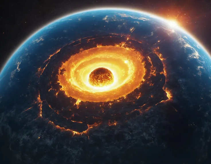space, planet collision, two planets colliding into each other, molten lava, destruction, elemental fury,debris, evaporating land mass, astrological catastrophe, black hole, broken world, devastation, refraction of light, break-up velocity, critical rotation, broken crust,celestial body, debris disk, extinction, detailed, realistic, high quality,
fixl-art