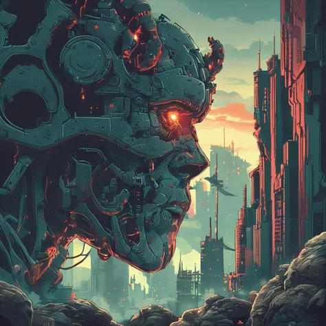 a cinematic shot of a mecha invading an cyperpunk city, style of Dan Mumford