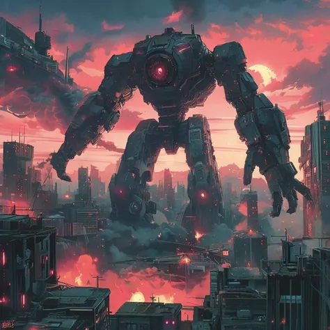 a cinematic shot of a mecha invading an cyperpunk city, style of Dan Mumford